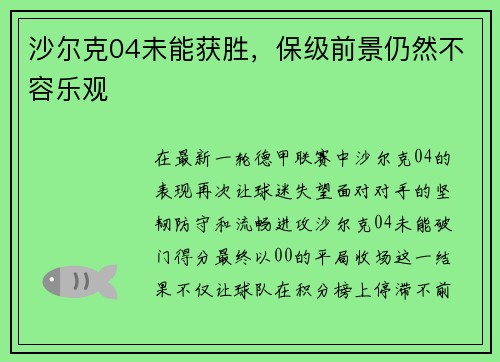 沙尔克04未能获胜,保级前景仍然不容乐观