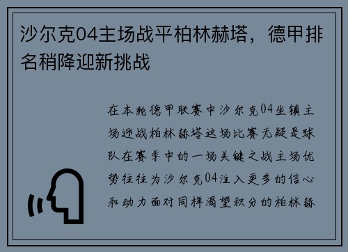 沙尔克04主场战平柏林赫塔,德甲排名稍降迎新挑战