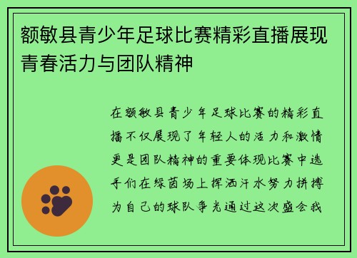 额敏县青少年足球比赛精彩直播展现青春活力与团队精神